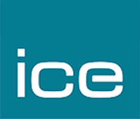 The image shows the word ice in lowercase white letters on a teal square background.